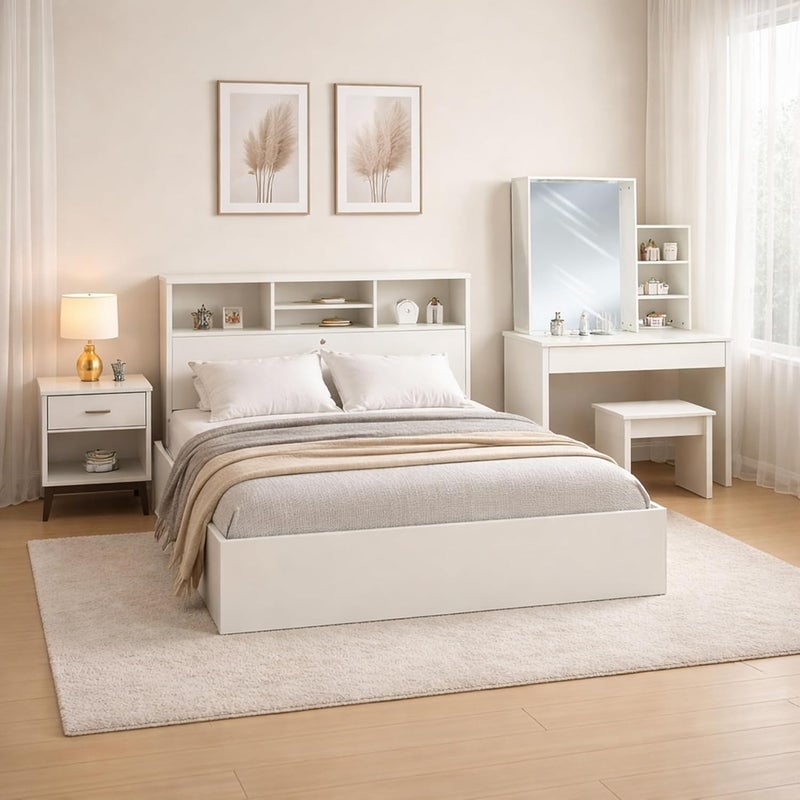 RIGID مجموعة أثاث غرفة نوم ريجيد الحديثة - سرير MDF أبيض مع تخزين في الرأس، طاولة جانبية، طاولة زينة مع مرآة، رف وكرسي - Image 4